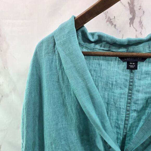 Lands End Shirt Womens Large P Blue Linen Short Sleeve Boxy Pockets Cuffed V - Picture 2 of 10